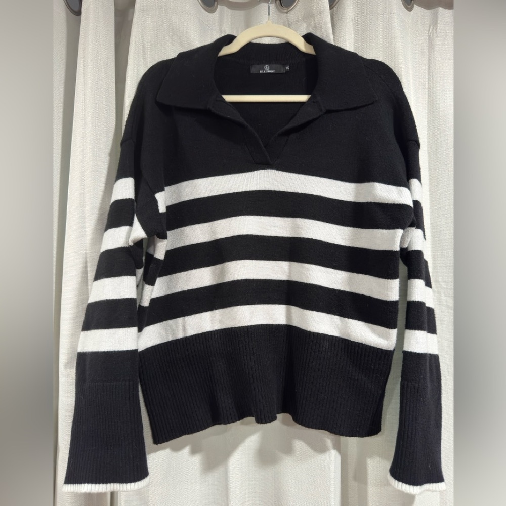 LILLUSORY Womens Striped Polo Sweater‎ Black White Collared V-Neck LS0117-96 M